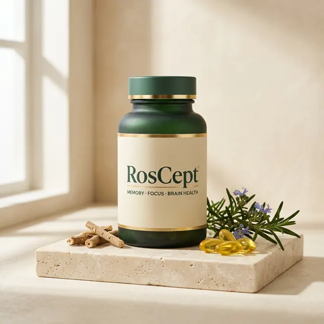 RosCept bottle on a stone pedestal