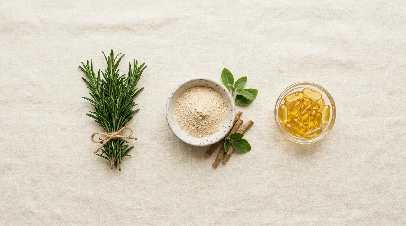Fresh rosemary, ashwagandha root powder and golden omega-3 softgels on cream linen