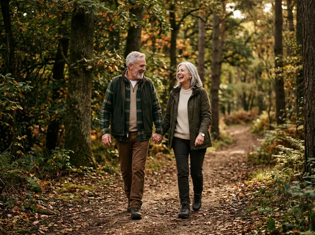 A smiling older couple walking together on a forest trail