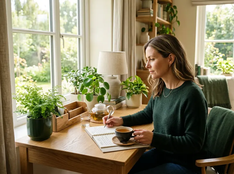 A woman working calmly and attentively at a bright desk