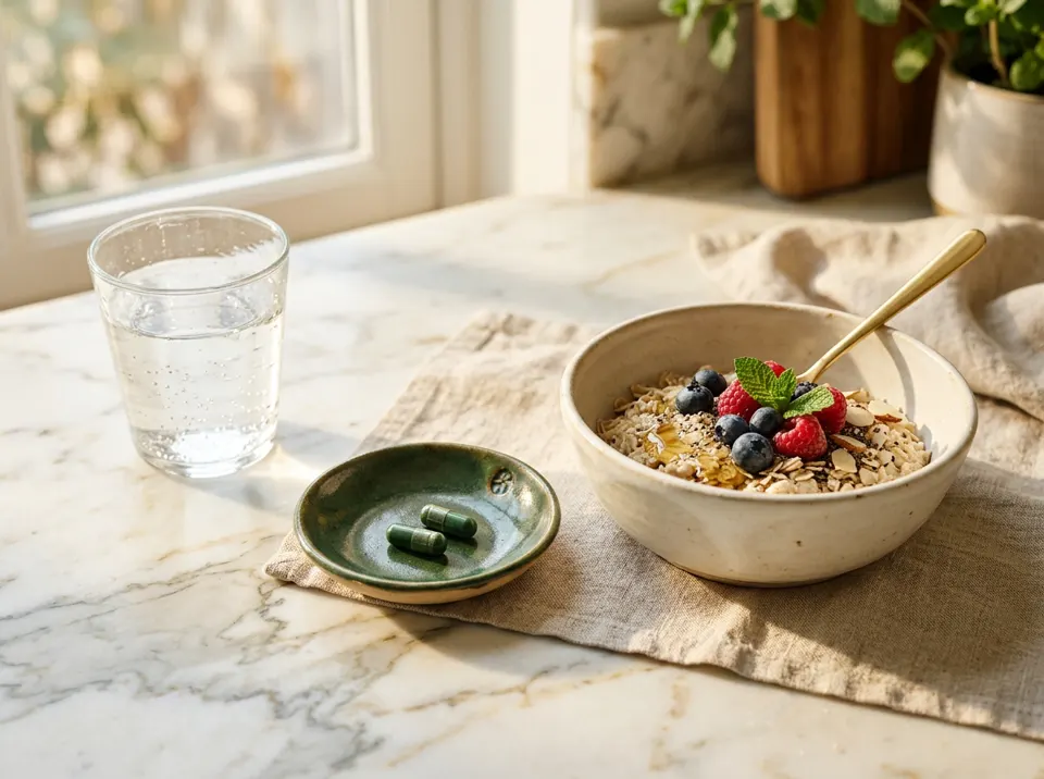 Two capsules in a small dish beside a glass of water and a breakfast bowl